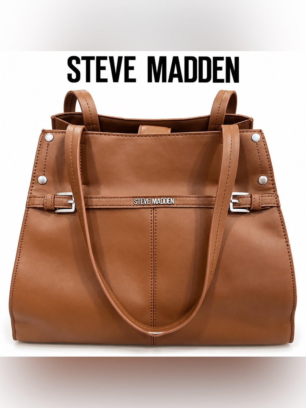 Steve Madden Cognac Brown Structured Shoulder Tote Bag Buckle Detail